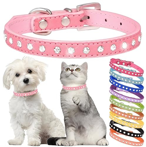 Hotlion Strass Hundehalsband Niedlich Kristall Diamant Katzenhalsband Weiches Leder Kätzchen Welpen Halsbänder Verstellbar für Kleine Mittlere Hunde Rosa S