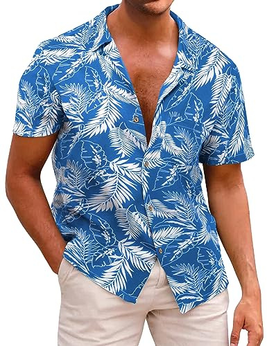 Beotyshow Camicia hawaiana da uomo per il tempo libero, a maniche corte, in cotone, con fiori, per vacanze, estate, spiaggia, da viaggio, M