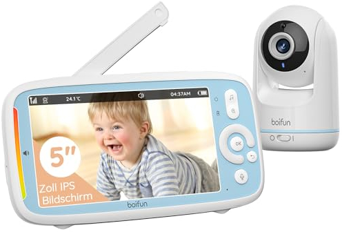 Boifun Babyphone mit Kamera, 5 IPS Video Babyfon ohne WLAN, PTZ 360 Grad Nachtsicht, Geräusch-/Temperaturerkennung, Plug & Play, 300m Hohe Reichweite, 3050mAh Akku, Zwei-Wege Audio, Wiegenlieder