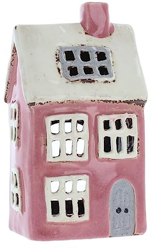 Shudehill Giftware Pottery Village Pottery Teelichthalter aus Keramik, in leuchtenden Farben, schönes Geschenk zum Einzug, Heimdekoration, Kerzenhalter (Rosa/Weiß)