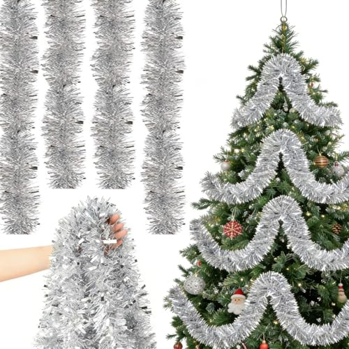 4er Set Lametta Girlande (Gesamt 8m)–Extra Breite & Flauschige Weihnachtsbaum Girlan-de (9cm)-Glänzende Christbaum Girlan-de Robuste & Wiederverwendbare Deko für Weihnachten(Silber)