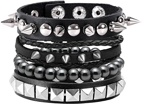 MILAKOO 4 Stk.gewebtes Lederarmband Holzperlenmanschette Herren Nieten Punk Wickelarmband Set，B16