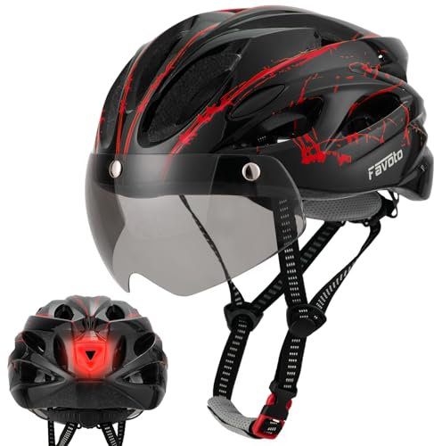Favoto Fahrradhelm Herren mit Visier Rücklicht Abnehmbares Innenfutter Damen Fahrrad Helm EPS-In-Mold Technologie Atmungsaktiv Leicht 57-61cm Einstellbar Schwarz-Rot