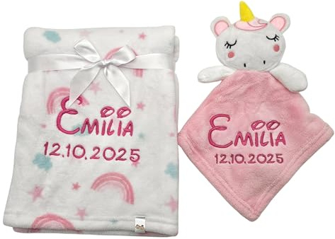 KIDDI-MEDIA Babydecke inklusive Trösterchen, Rosa Einhorn Regenbogen | Name und Geburtsdatum Bestickt, kuschelig weich