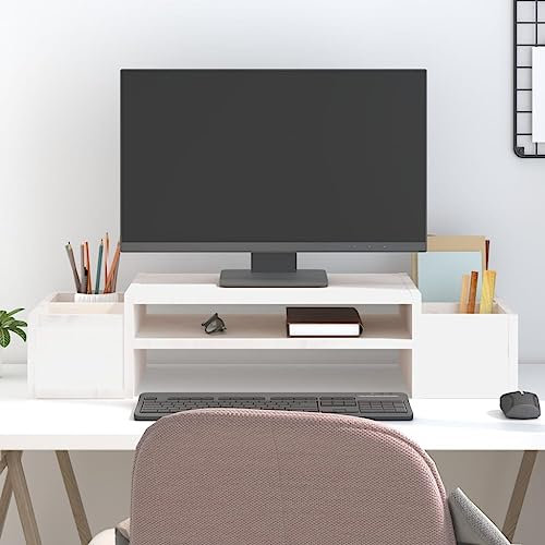 Toshilian Monitorständer, Bildschirmerhöhung, Computerständer für Büro, Monitorständer, weiß, 70 x 27,5 x 15 cm, massives Kiefernholz