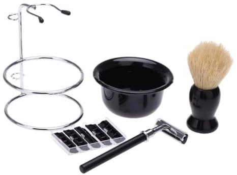 Aiweijia 4 en 1 Set de maquinilla de afeitar con 5 Cuchillas Afeitado en Húmedo Afeitadora de Barba Set de Afeitado con Brocha Soporte de Acero Inoxidable Soporte Brocha de Afeitar Regalo para Hombre