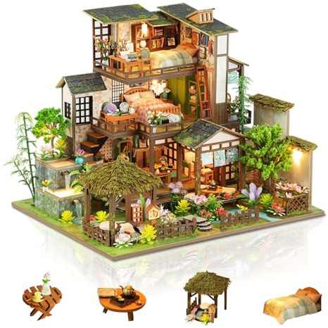 Foyucool DIY Miniatur Haus Bausatz für Erwachsene, Bambus Frühling Innenhof | Mit LED-Beleuchtung & Miniatur-Möbeln, Gemütliches Deko-Bastelset, Einzigartiges Geschenk zu Weihnachten & Geburtstagen