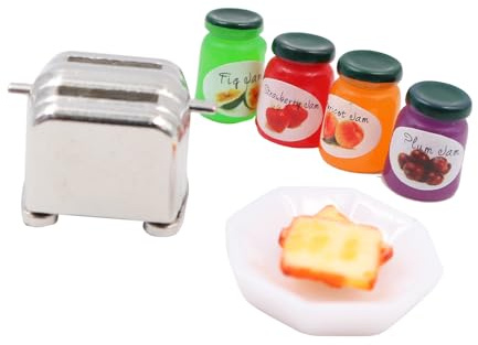 POFET Miniatur Zubehör Frühstück, Mini Puppenhaus Zubehör Wichtel Zubehör, Puppengeschirr Porzellan, Miniatur Küche Mini Essen Mini Toastmaschine Brot