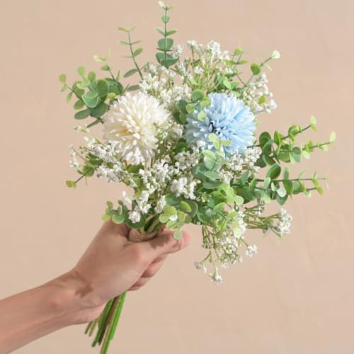 KARLOR Künstlich Blumenstrauß 12 Bündel Kunstblumen Set, 5 Schleierkraut 5 Eukalyptus 2 Hortensien, Kunstblumen wie Echt Seidenblumen Hochzeit Blumenarrangements Tischaufsätze Heim Deko (weiß & blau)