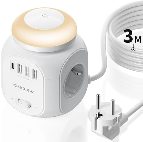 CHICLEW Regletas Enchufes Proteccion Sobretension, Cubo Enchufes con USB 8 IN 1, Enchufe Multiple con 4 Tomas y 3 USB y 1 USB-C, Ladron Enchufes con Luz Nocturna el Hogar Oficina y Viajes, Cable 3M