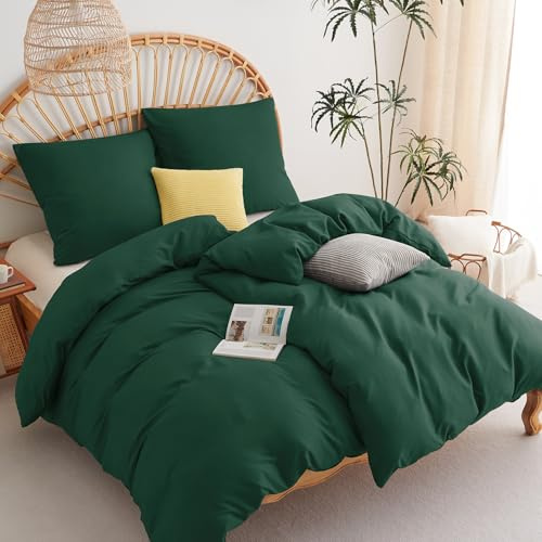 WAVVE Parure de lit, 4 pièces, en Microfibre Douce, avec Fermeture éclair, Housse de Couette 135 x 200 cm et taies d'oreiller 80 x 80 cm, Vert émeraude