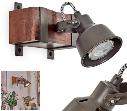 HOFSTEIN Wandleuchte Pehefito, Wandlampe aus Holz/Metall in Dunkelbraun/Stahlfarben, verstellbare Leuchte im Retro/Vintage/Industrial-Design, GU10, Wohnzimmer, Schlafzimmer, Küche, Flur, Treppenhaus