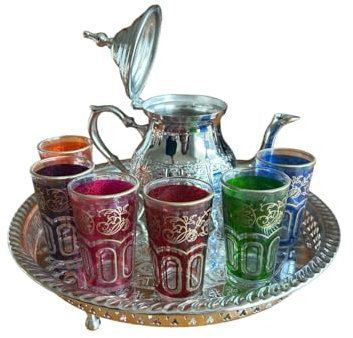 Grande Théière Marocaine Artisanale 750ml avec Plateau Gravé en laiton argenté et 6 Verres à Thé – Élégance Authentique de Fès