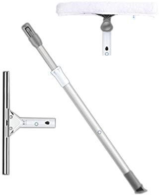 Ensemble de balai et raclette télescopique pour nettoyage de vitres - Manche long extensible de 2 m - Raclette de sol pour fenêtres hautes intérieures/extérieures - Équipement professionnel de netto