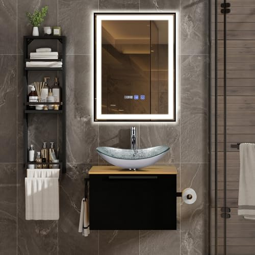 ZealWe Badmöbel Set 3 TLG Waschbecken mit Unterschrank 60 cm, Waschbeckenunterschrank mit Wandregal Waschtish 54 cm, Badezimmerschrank mit Handtuchhalter für kleine Gäste WC Waschplatz, Sliber