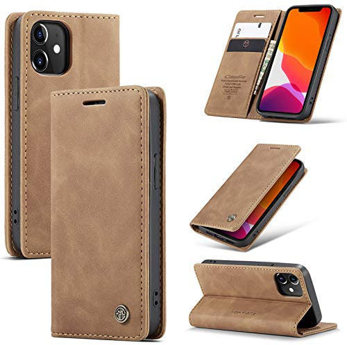 owlhold Handyhülle iPhone 12 Mini klapphülle Premium Lederhülle Weiches Vintage-Nubukleder Faltbare Ständer Schutzhülle Kartenfach Standfunktion hülle iPhone 12 Mini - Braun