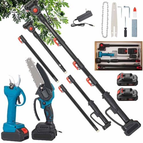3-in-1 Cordless Electric Long Reach Pruning Pole Shears，Handheld Chainsaw，Mini Chainsaw with 2M Extension Rod，2 Battery ，Extended High Branch Cutter for Thick Branches