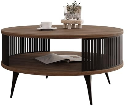 Mirjan24 Couchtisch Rajkon, runde Form (Nuss Franklin Tobacco, Schwarz) | Moderner Wohnzimmertisch mit praktischer Ablage, stabilem Stahlgestell und pflegeleichter Oberfläche