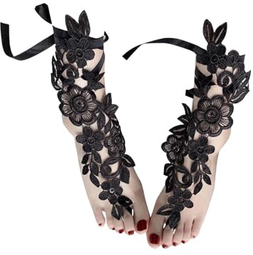 ROSVAJFY Women 2-Piece Sexy Lace Embroidery Floral Anklet with Toe Ring Set Adjustable Vintage Flower Barefoot Beach Sandals Foot Jewelry for Bridal Wedding Prom Festivals Gift (Black)