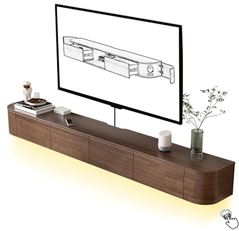 HYANXUE Floating TV Unit, Mounted TV Stand with Flip-Down Doors & Side door, Storage TV Bench Under TV for Bedroom Livingroom (Brown+LED, 180CM)
