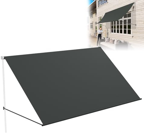 LZQ Toldo para balcón, 350 x 143 cm, sombreado con protección UV, dispensador de sombra, ventana de 180 g/m², tejido de poliéster, marco de aluminio, toldo con brazo caído, impermeable, antracita