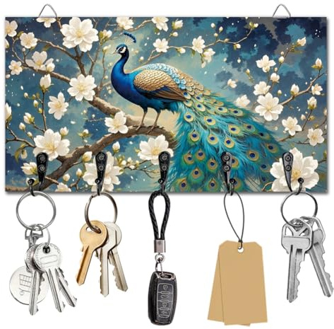 DELORIGIN Schlüsselhalter Mit Blumen Und Pfauenmotiv Zur Wandmontage Aus Holz Mit 5 Metallhaken Schlüsselaufbewahrung Organizer Für Wanddekoration Tür Eingangsbereich Küche Neues Zuhause Geschenk