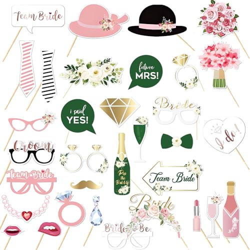 44 Stück Fotobox Accessoires Hochzeit, Junggesellenabschied Frauen, Candybar Zubehör Set, Party Zubehör, Party Gadgets, Foto Requisiten für Hochzeit, JGA Partydeko, Rosa, Grün (Rosa Grün 1)