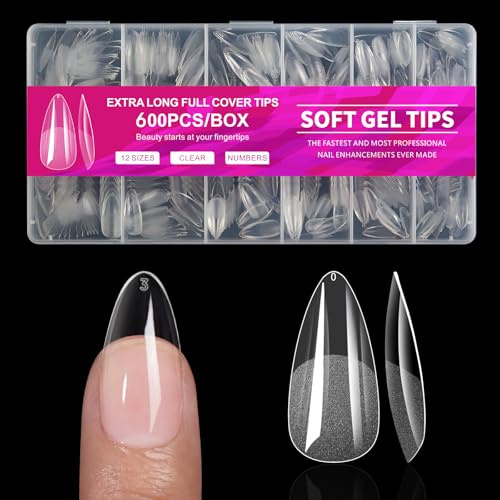 Cycullinyt 600 Stück Mandelnagelspitzen, mittlere Mandelnagelspitzen aus weichem Gel-Nagelspitzen, 12 Größen voller Abdeckung, künstliche Acrylnagelspitzen, für Anfänger und Profis