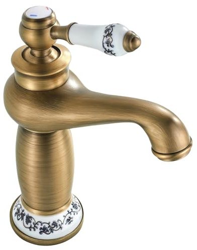 Wasserhahn Retro Bronze, Vintage-Waschtischarmatur, weißer Porzellangriff, Einhebel-Badarmatur, Waschtischarmatur aus massivem Kupfer, eleganter, geschwungener Auslauf, 20 cm hoch
