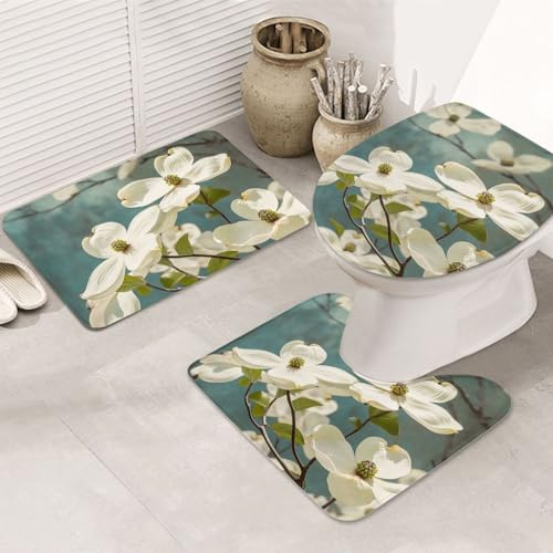 Set 3 Teilig Badvorleger Frühlings-Hartriegelblüte Badematte 3-TLG Waschbar Wasserabsorbierend Badgarnitur Badematten, Für Wc-Sitz Bezug, Spa, Dusche
