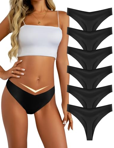 Memouniva 6 Pack Seamless Thongs for Women V-waisted No Show Thong Stretch No VPL Knickers Underwear Black