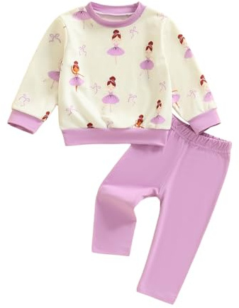 Toddler Girls Outfits 12-18 Months Long Sleeve Ballet Girls Print Sweatshirt Pullover Tops and Solid Color Leggings Elastic Waist Pants 2Pcs Set Baby Girl Clothes 2-3 Years (Purple, 9-12 Months)