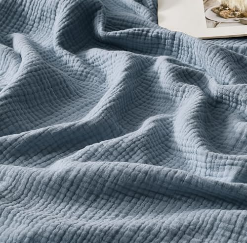 R.SHARE 100% Baumwolle Musselin Decke 130x150cm, 4-lagige Atmungsaktive Weiche Baumwolldecke Sommerdecke mit Fransen Tagesdecke Couch Überwurf Sofaüberwurf Couchdecke Alle Jahreszeiten, Blau