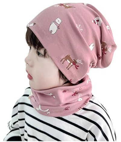 HTTDSLF Kinder Mütze Schal Set, Kinder Beanie Mütze & Loop Schal Set, Weihnachtselement Kindermütze & Schlauchschal für Herbst Winter Frühling, Ideal für 2-10 Jahre alte (Kopfumfang 48–54CM)