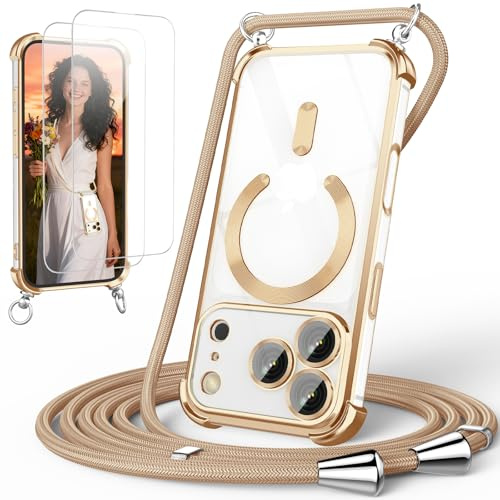 GOODVISH Handykette für iPhone 17 Pro Max Hülle mit Band Magnetisch, Gold | mit 2 Stück Schutzfolie, mit Kamera Schutz, Necklace Handyhülle mit kette für 17 ProMax 6,9, Transparent 360° Schutz Case