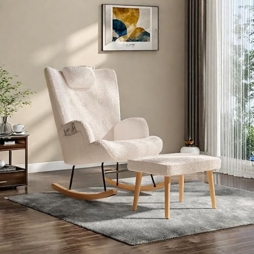 FEEOHOME Gungstol, gungstol, amningsstol, babyrum med träben, gungstol, amning, för sovrum och vardagsrum (vit nalle sammet + fotstöd)
