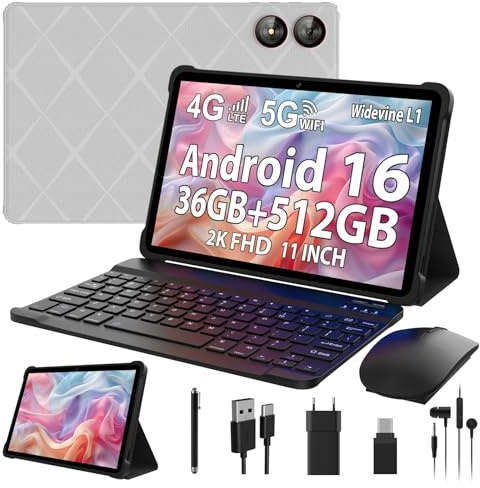 2026 Dernières 2K Tablette 11 Pouces avec Android 16, 36GB RAM+512GB ROM (1TB TF), 4G LTE/5G WiFi, Octa-Core, 2000 x 1200, Widevine L1/8000mAh/13MP+8MP/GPS, Tablet avec Clavier et Souris (Gris)