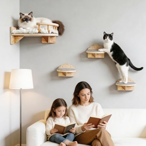 DOKKOME Kletterwand Katzen 4PCS Katzenkletterwand Set Kratzbaum Wand Katze Catwalk Wandelement Wandliege Katzenmöbel Wandmontage Katzenwandmöbel Katzenmöbel Cat Shelves Set