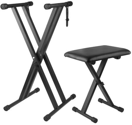 RATSTONE Soporte Teclado Piano,Banqueta Piano Regulable,Soporte de Teclado con Marco en X de Doble Refuerzo Ajustable en Altura y Paquete de Taburete de Piano,Uego de Taburete para Piano Plegable