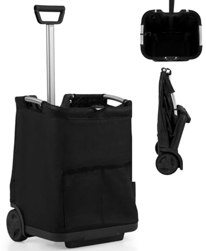 TANGZON Folding Shopping Trolley, 50L Large Lightweight Shopping Cart with 3 Pockets, Adjustable Handle & Wheels, Aluminium Frame Push/Pull Utility Carts for Supermarket Grocery (Black)