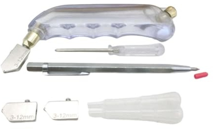 Glass Cutting Tool Kit with Oil Feed Glass Cutter, Engraving Pen, Scriber and Screwdriver – Includes 2 Replacement Cutter Heads and 2 Oil Droppers for Cutting Mirrors, Glass Shelves, Stained Glass