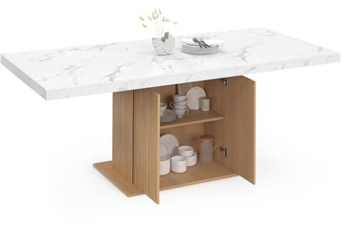IDMarket – Tavolo da pranzo allungabile rettangolare Julieta 6-10 persone, vassoio effetto marmo, doghe in legno con spazio di archiviazione, 160-200 cm