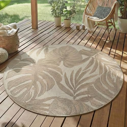 SIMPEX Tapis Extérieur Rond 80 cm Beige Résistant UV Facile d'entretien Motif Feuilles de Palmier pour Balcon Cuisine Intérieur Extérieur