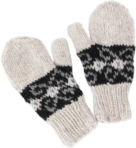Handschuhe aus Wolle, handgestrickt, warm und bequem, Nepal, hellgrau | Fausthandschuhe aus reiner Schurwolle, gefüttert mit Fleece, individuelle Fertigung, Länge 26 cm, Breite 10 cm