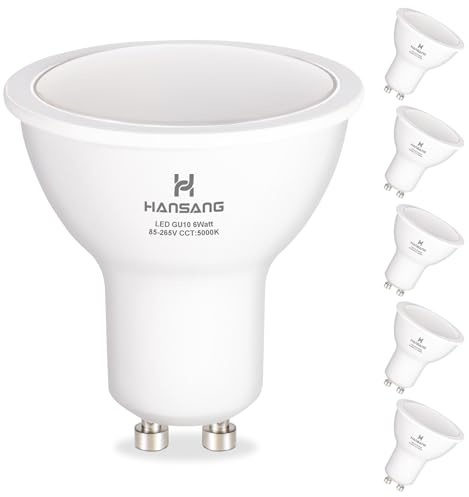 hansang GU10 LED Bulbs 5000K Daylight, 6W(50W Equivalent), 2 Prong Base MR16 Bulb, CRI 85+ 600LM 120 Degree 120V for Kitchen, Range Hood, Track Lighting, Living Room, Non-Dimmable, 6 Pack