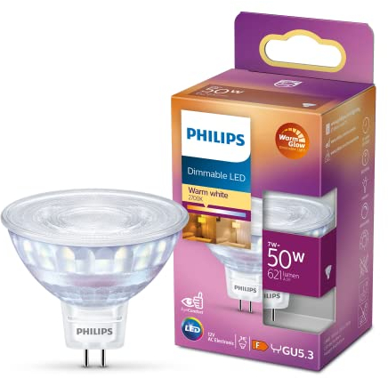 Philips LED classic WarmGlow Lampe, 50W, GU5.3, warmweißes Licht (2700K), 621 Lumen, dimmbar, Weiß