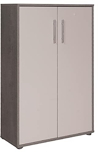 Dmora Libreria a 2 ante e 2 ripiani, Scaffale per libri e documenti, Credenza portaoggetti da ufficio, cm 79x34h188, colore Bianco e Cemento
