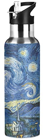 JUMBEAR Van Gogh The Starry Night Art Wasserflasche Acuum isolierte Edelstahl auslaufsicher breite Öffnung mit Strohhalm-Deckel für Fitness Gym und Outdoor-Sport, 625 ml