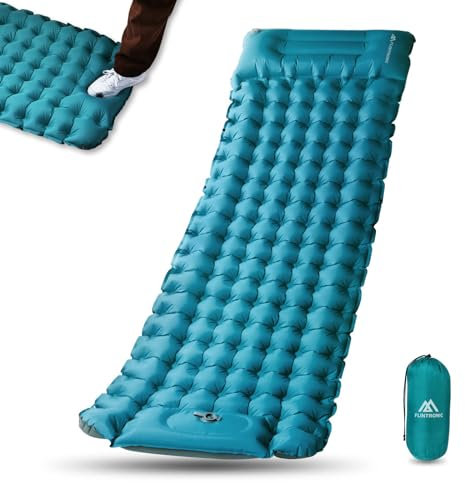 flintronic Camping Isomatte Selbstaufblasende mit Fußpresse Pumpe, 10CM Thick Wasserdicht Isomatte mit Kopfkissen, Outdoor Aufblasbare Luftmatratze, Faltbar Schlafmatte für Outdoor, Camping, Blau