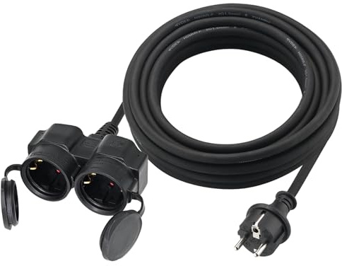Cable alargador exterior 10 m con 2 enchufes Schuko, doble extensión de goma, cable de alimentación para exteriores IP44, 2 tomas de contacto con protección con tapa protectora, distribuidor exterior